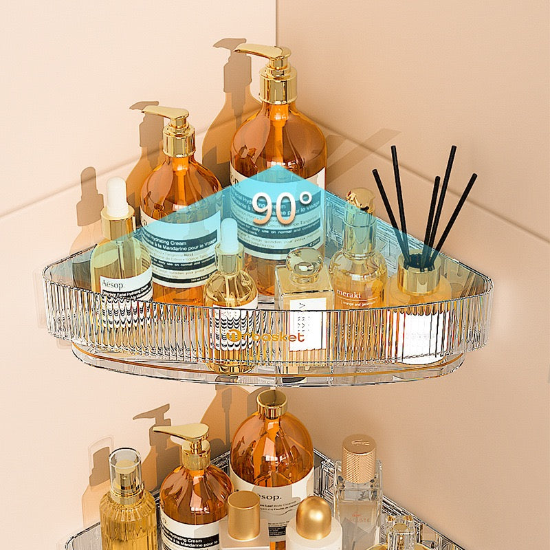 A wall-mounted triangular bathroom shelf showcasing a collection of assorted items, such as toiletries and Cosmetics