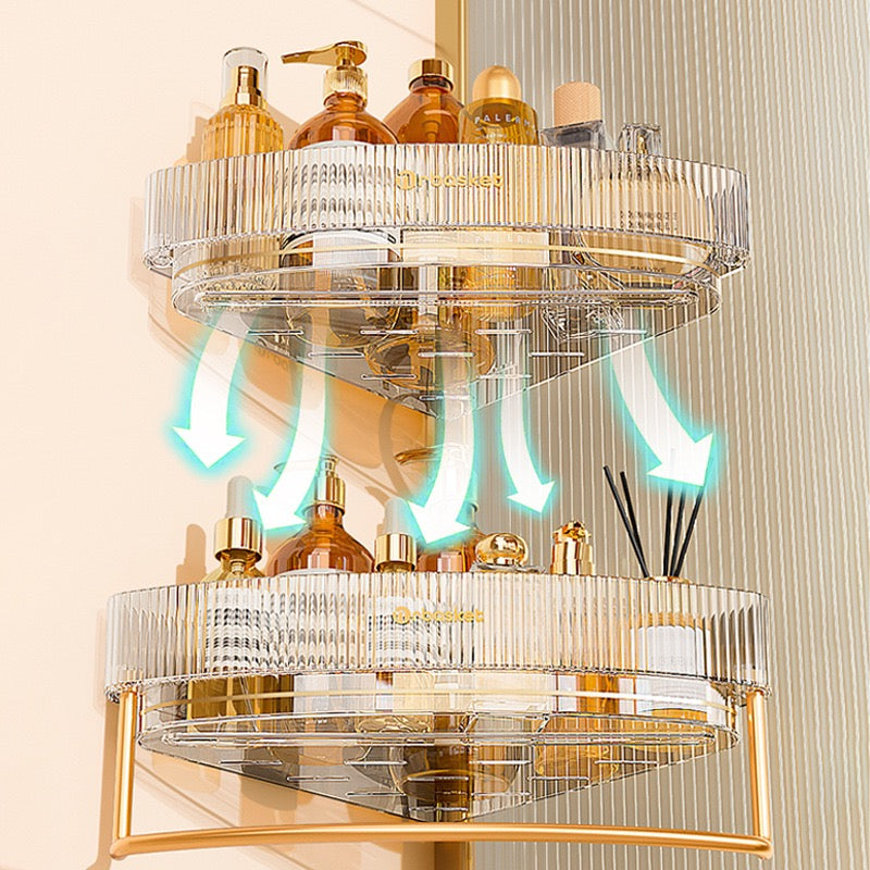 A wall-mounted triangular bathroom shelf showcasing a collection of assorted items, such as toiletries and Cosmetics