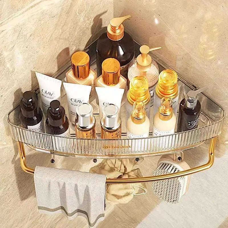 A wall-mounted triangular bathroom shelf showcasing a collection of assorted items, such as toiletries and Cosmetics