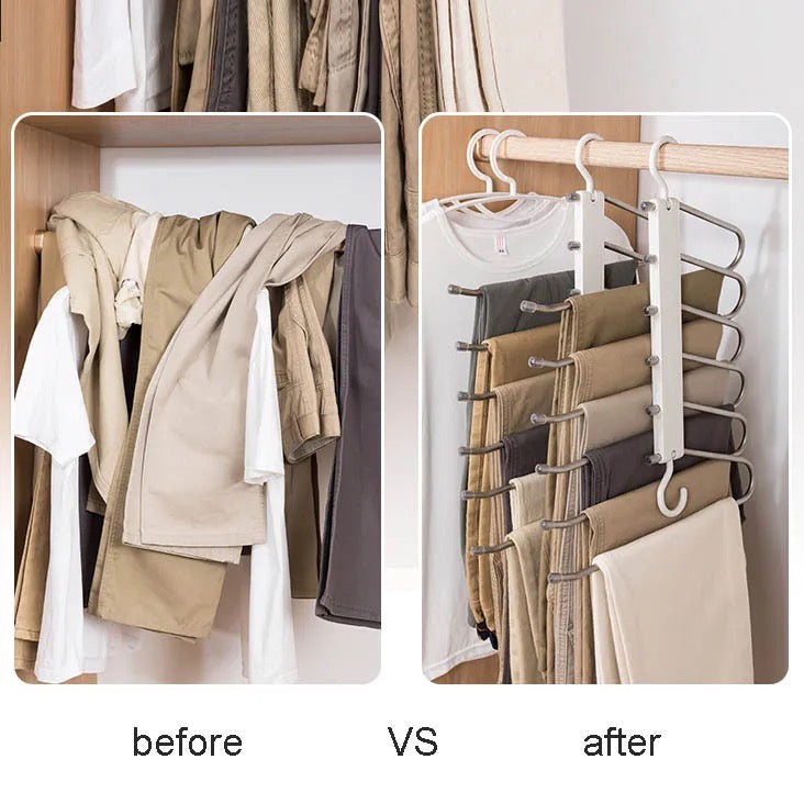 before and after use of 6 Bars Multi-functional Wardrobe Hanger