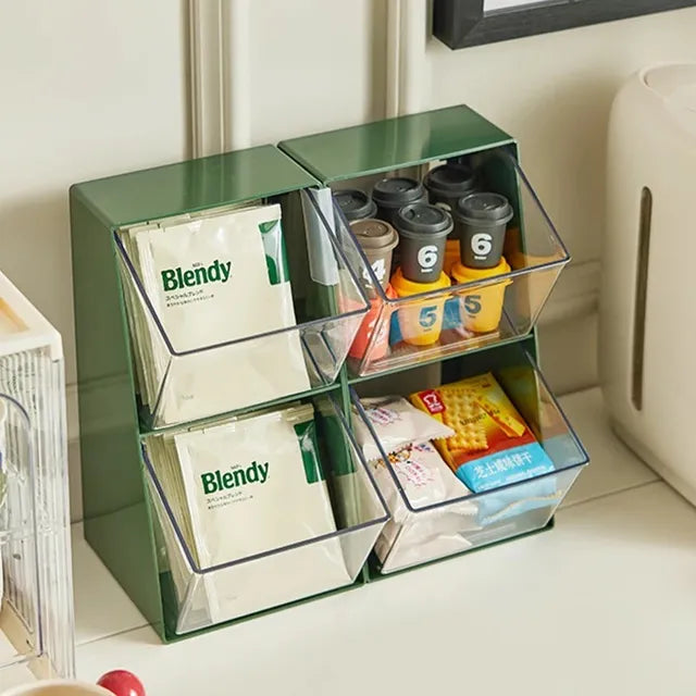 a Multi-Layer Desktop Dustproof Storage Rack with different types of Coffee, Tea Bag in it