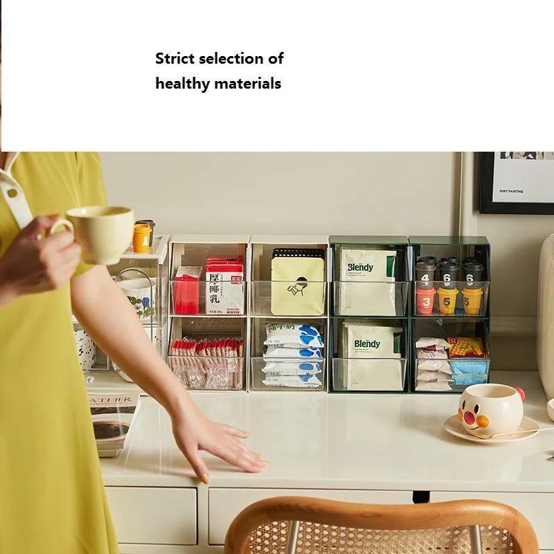 A dustproof storage rack for desktops, featuring multiple layers and a collection of different coffee and tea bags, promoting cleanliness and organization