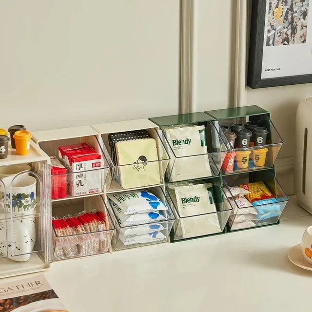 Tow multi-layer desktop dustproof storage rack with different types of coffee, tea bag in it