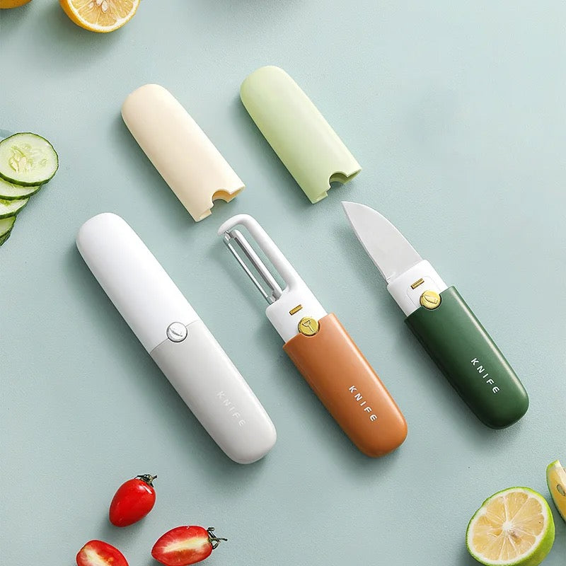 Showcasing 3 different angles of 2 in 1 Knife and Peeler in 3 different colors