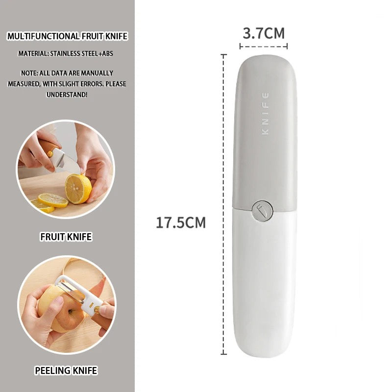 Showcasing Grey color 2 in 1 Knife and Peeler along with it's size