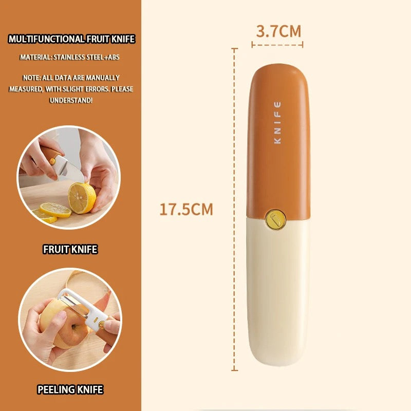 Showcasing Orange color 2 in 1 Knife and Peeler along with it's size