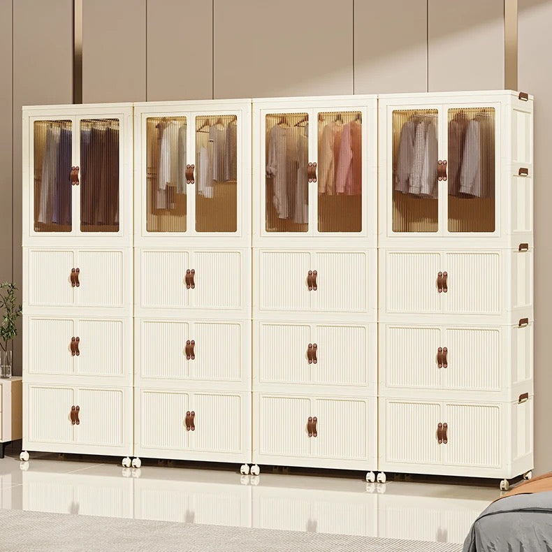 Portable folding storage cabinet with wheels placed on the floor