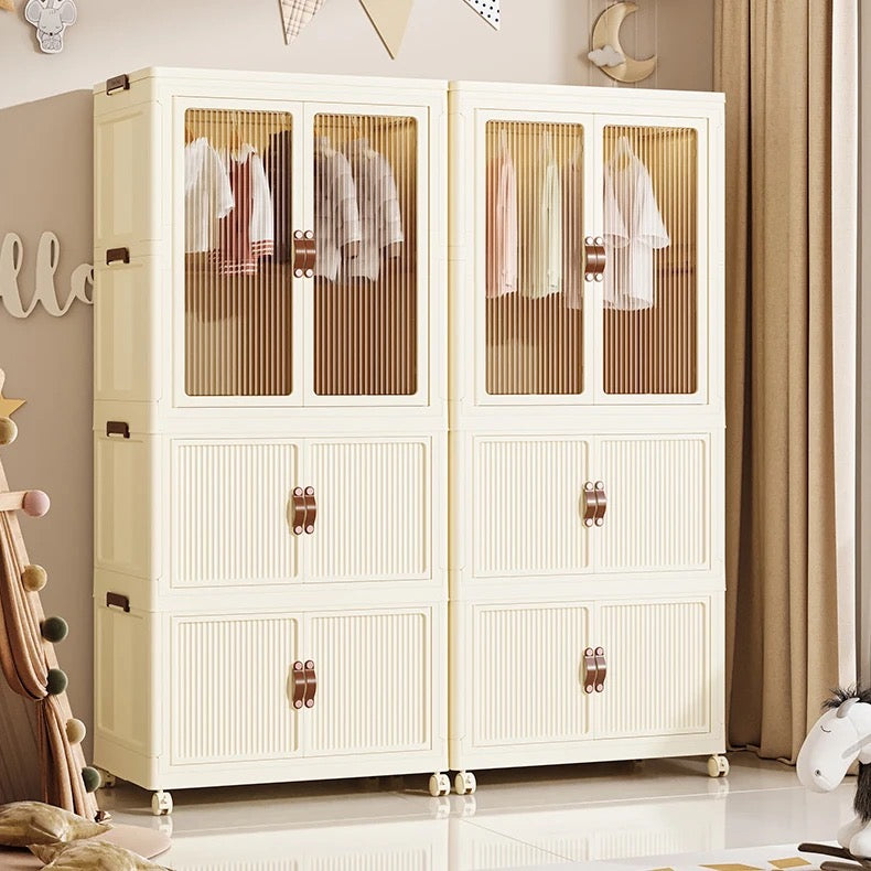 Portable folding storage cabinet with wheels placed on the floor