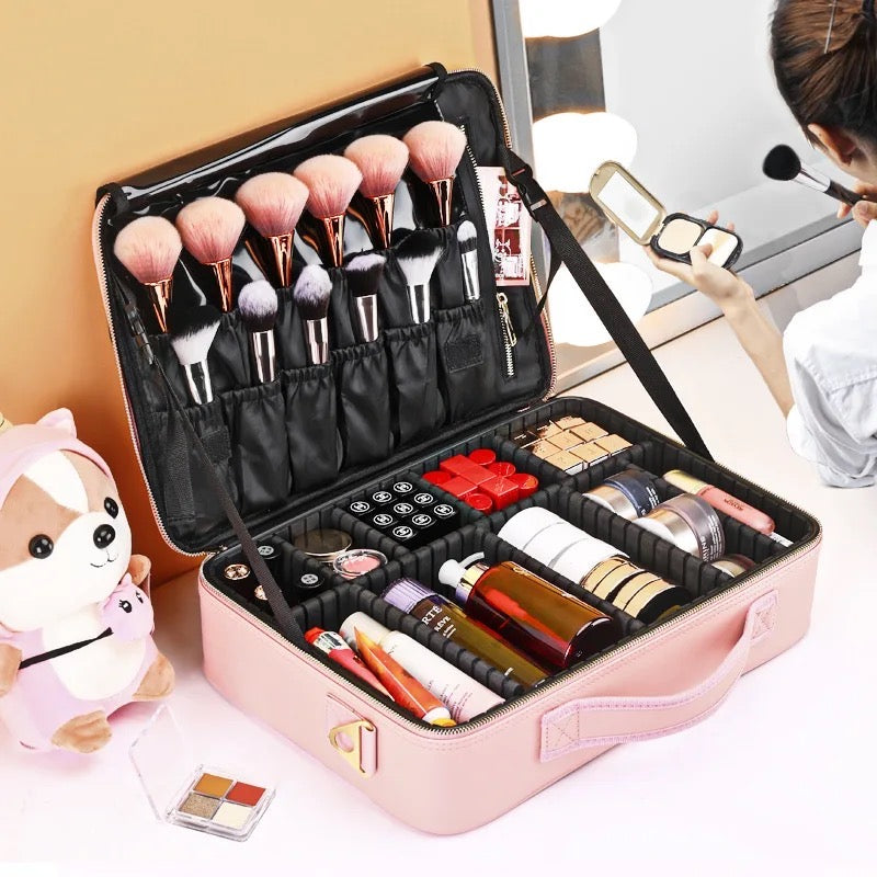 A person putting makeup with the use of portable travel makeup cosmetic organizer bag