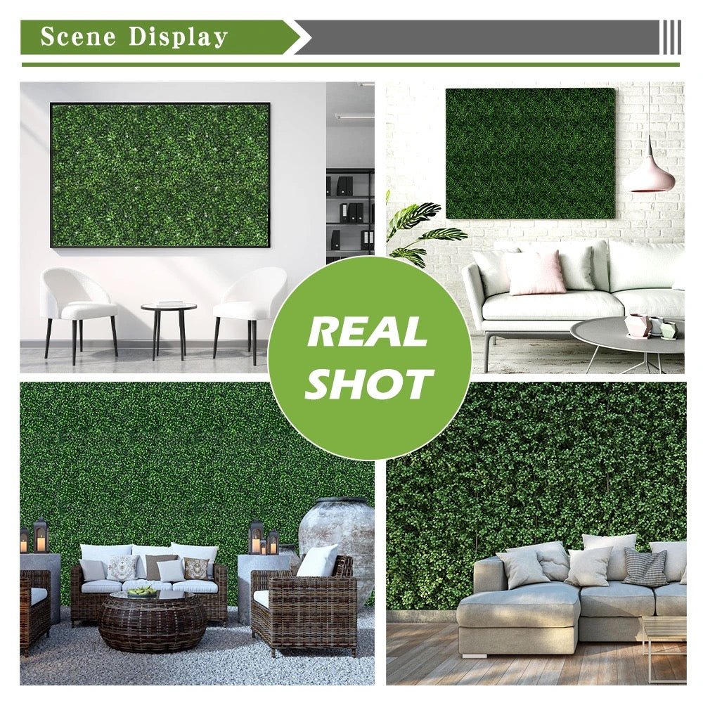 Collage image displays the different areas of a home decorated with Artificial Grass Plant