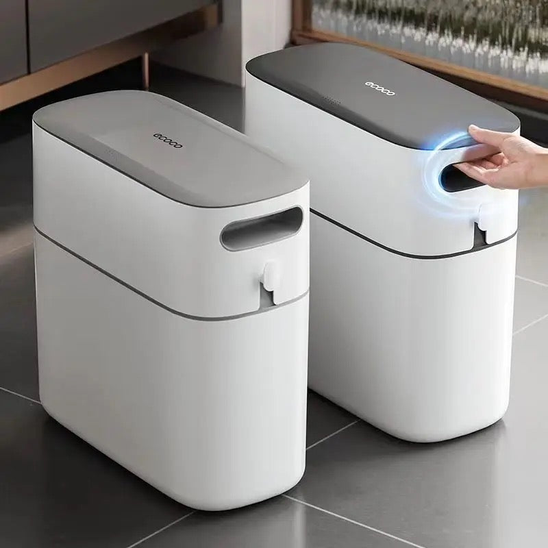 Two Press-type Trash Can placed on a floor and a person trying to open one of it