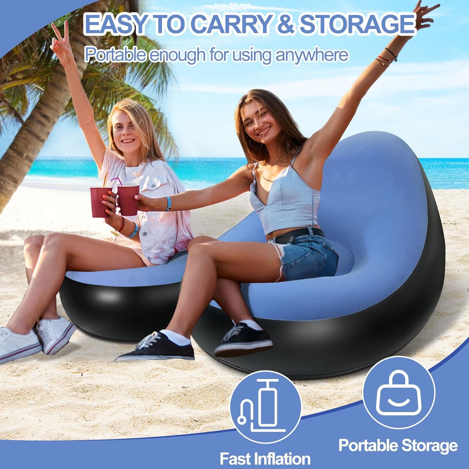 Two Woman are Resting On Inflatable Sofa Chair with Foot Stool in a Beach.