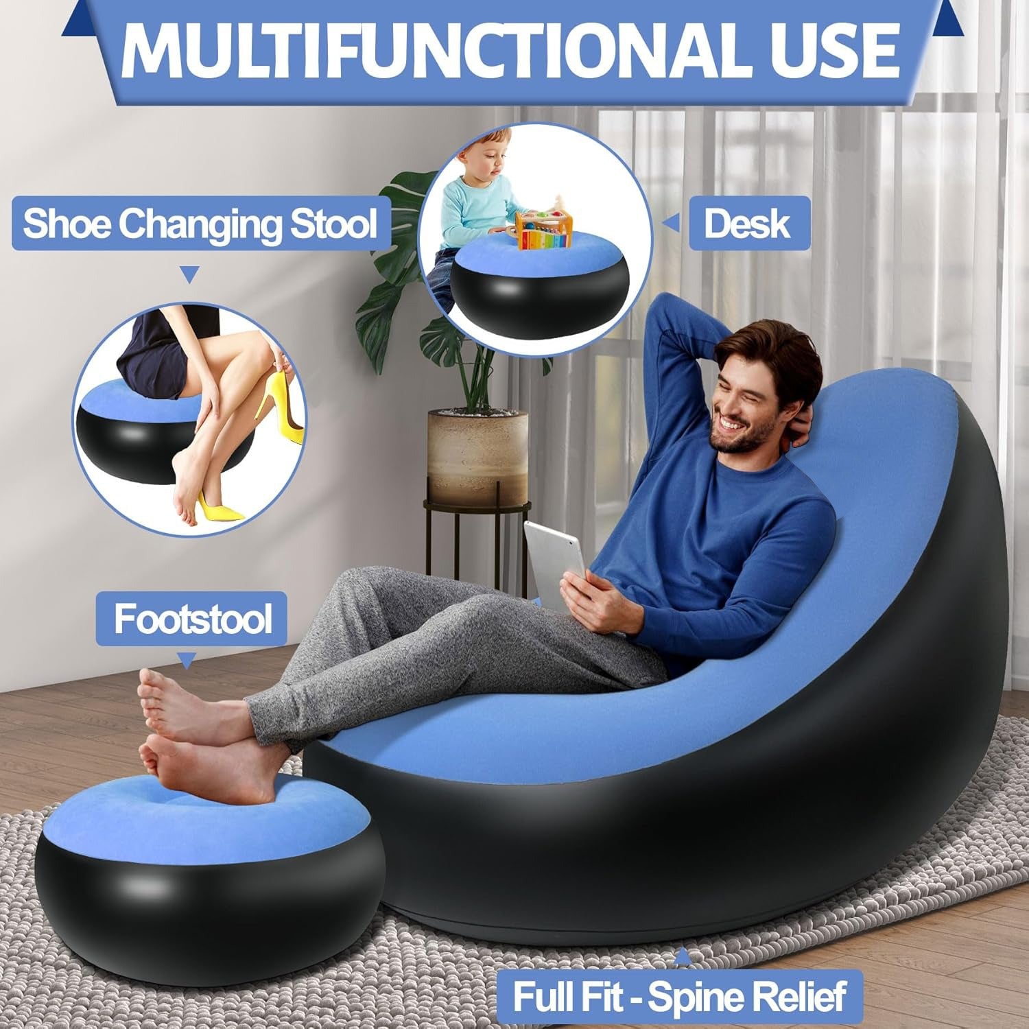 A Person is Resting On Inflatable Sofa Chair with Foot Stool.