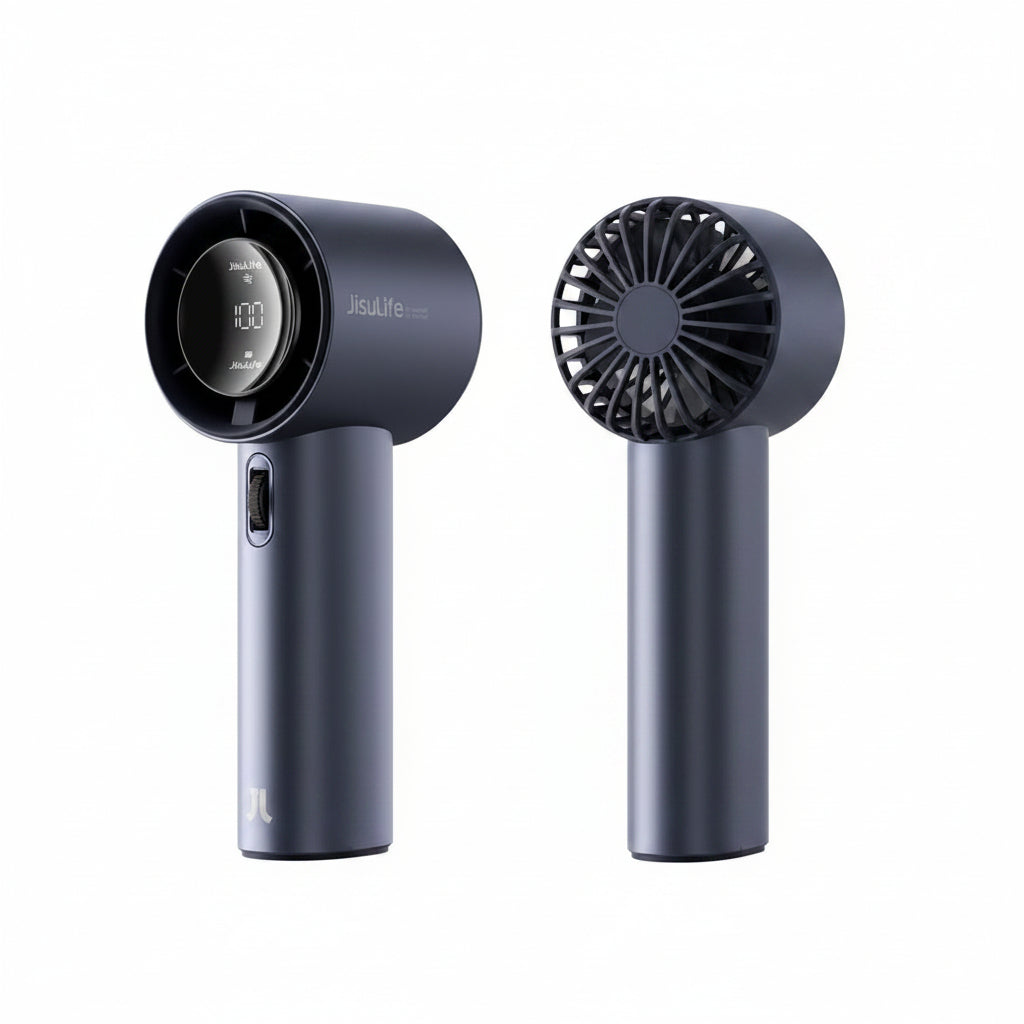 Two views of a JisuLife portable handheld fan , showing the front with its digital display and the back with its fan blades, on a solid white background.