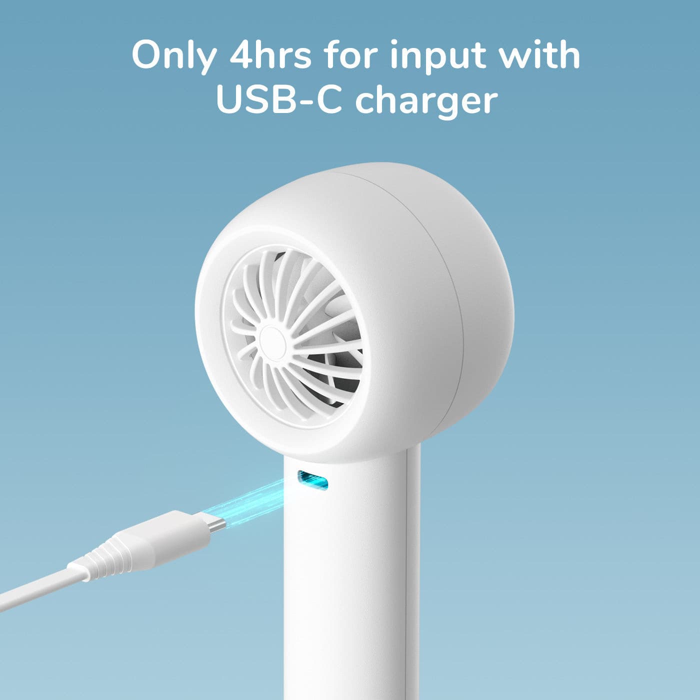 White portable fan with USB-C charging; charges fully in 4 hours.