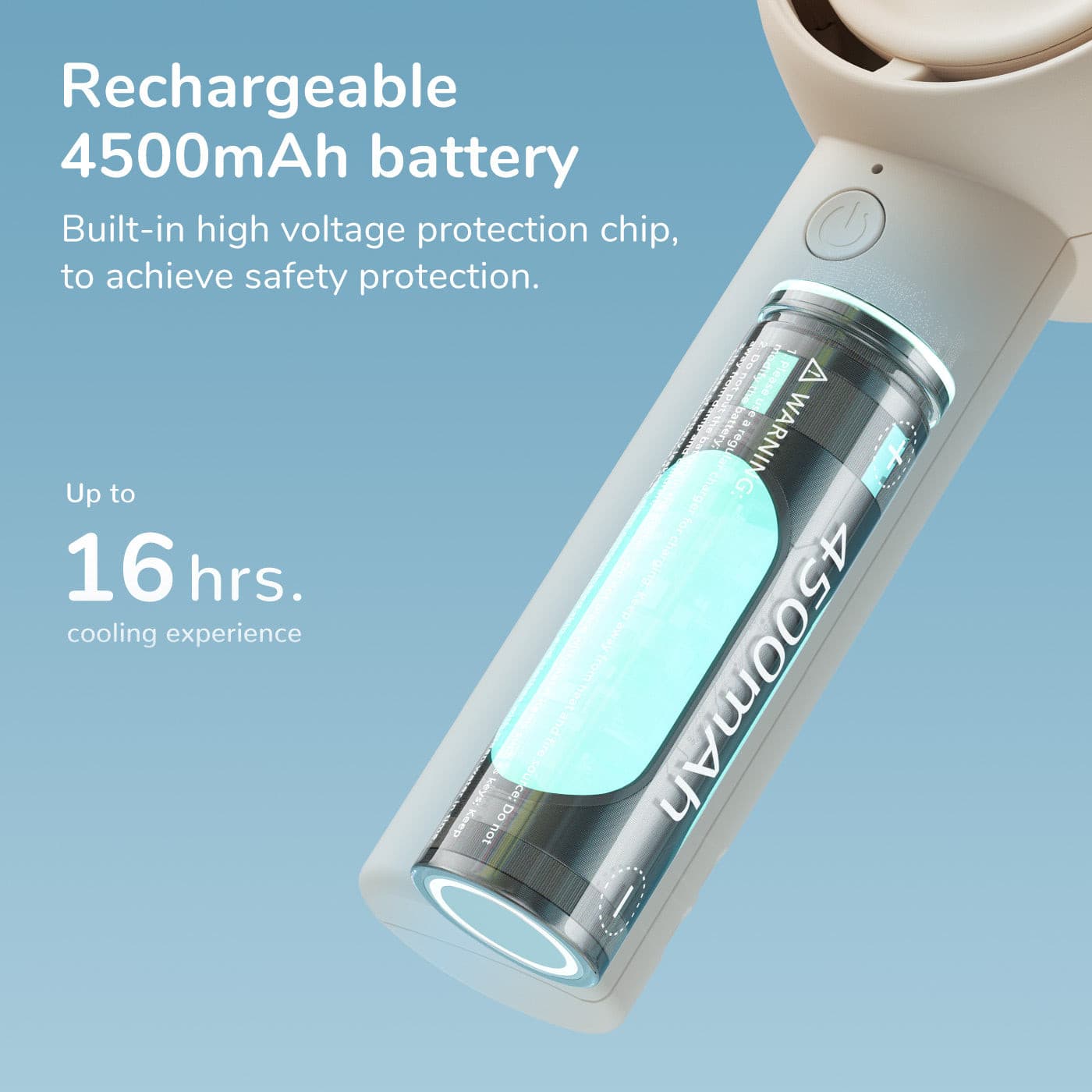 Jisulife Handheld Fan with 4500mAh rechargeable battery, up to 16 hours use, safety chip included.