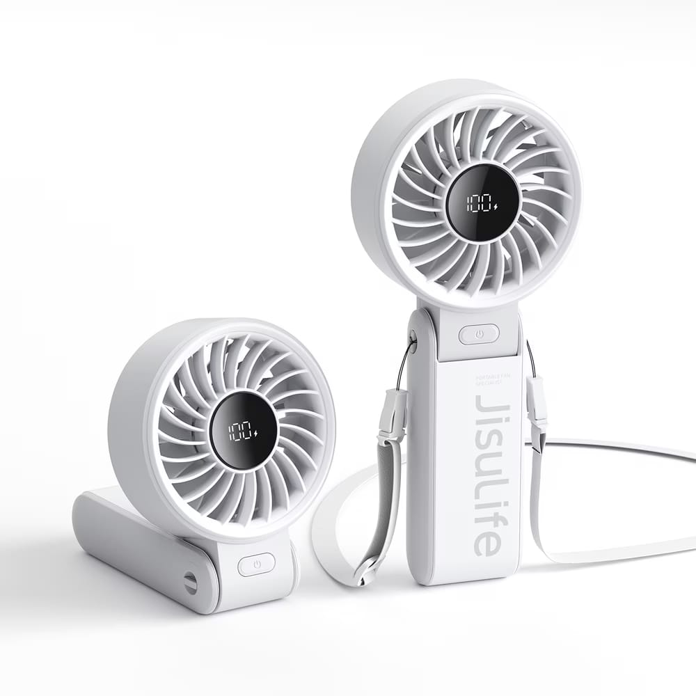 Portable white handheld fans with digital displays and wrist straps.