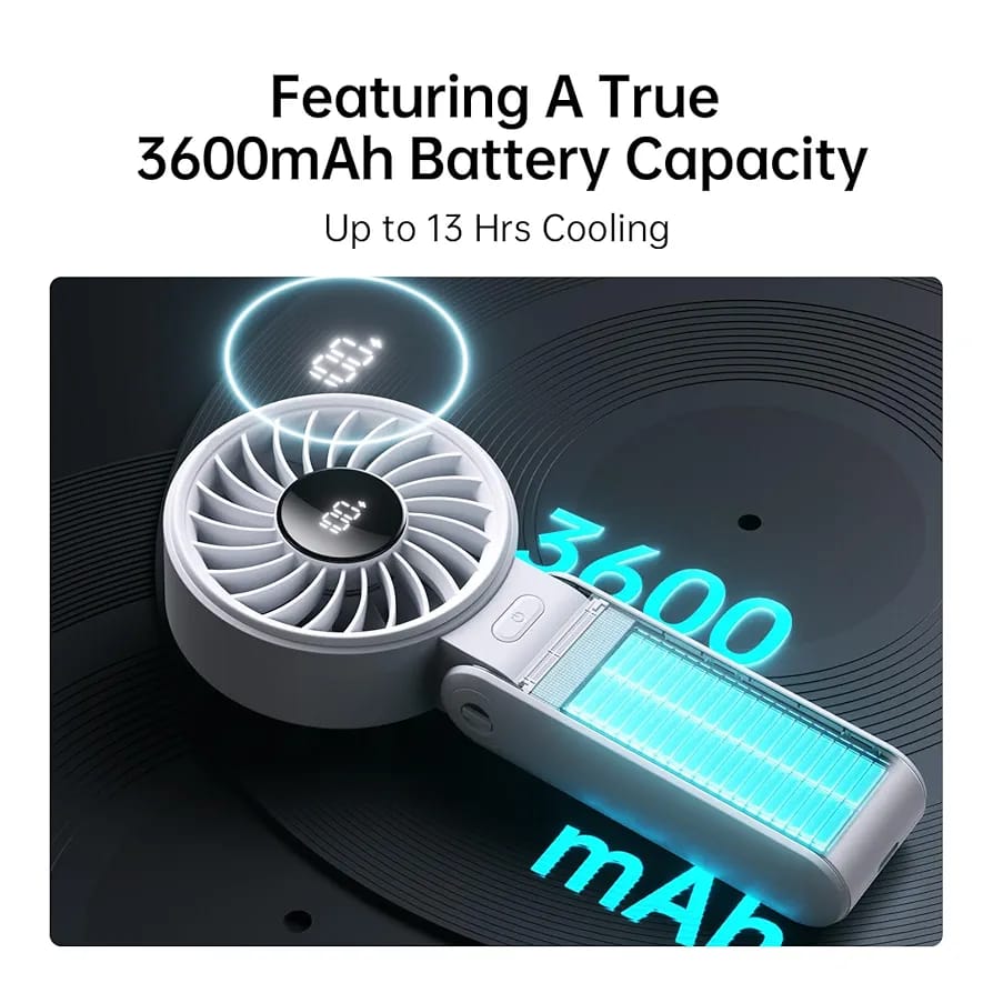 Portable fan with 3600mAh battery, offering up to 13 hours of cooling.