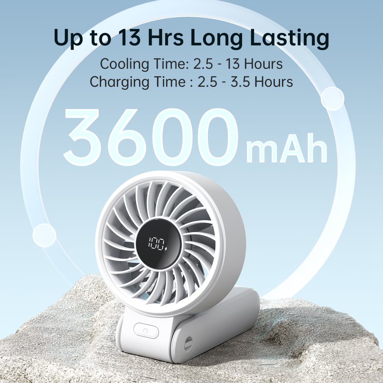 Portable fan with a 3600mAh battery, offering up to 13 hours of cooling.