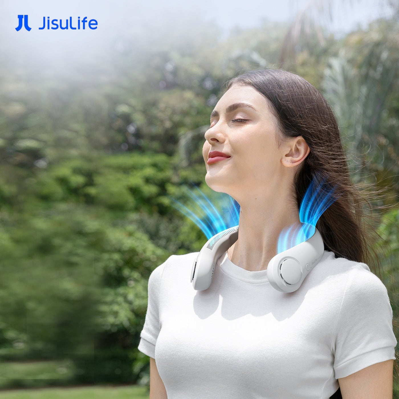 A Woman is Wearing Jisulife Neck Fan Life 3.