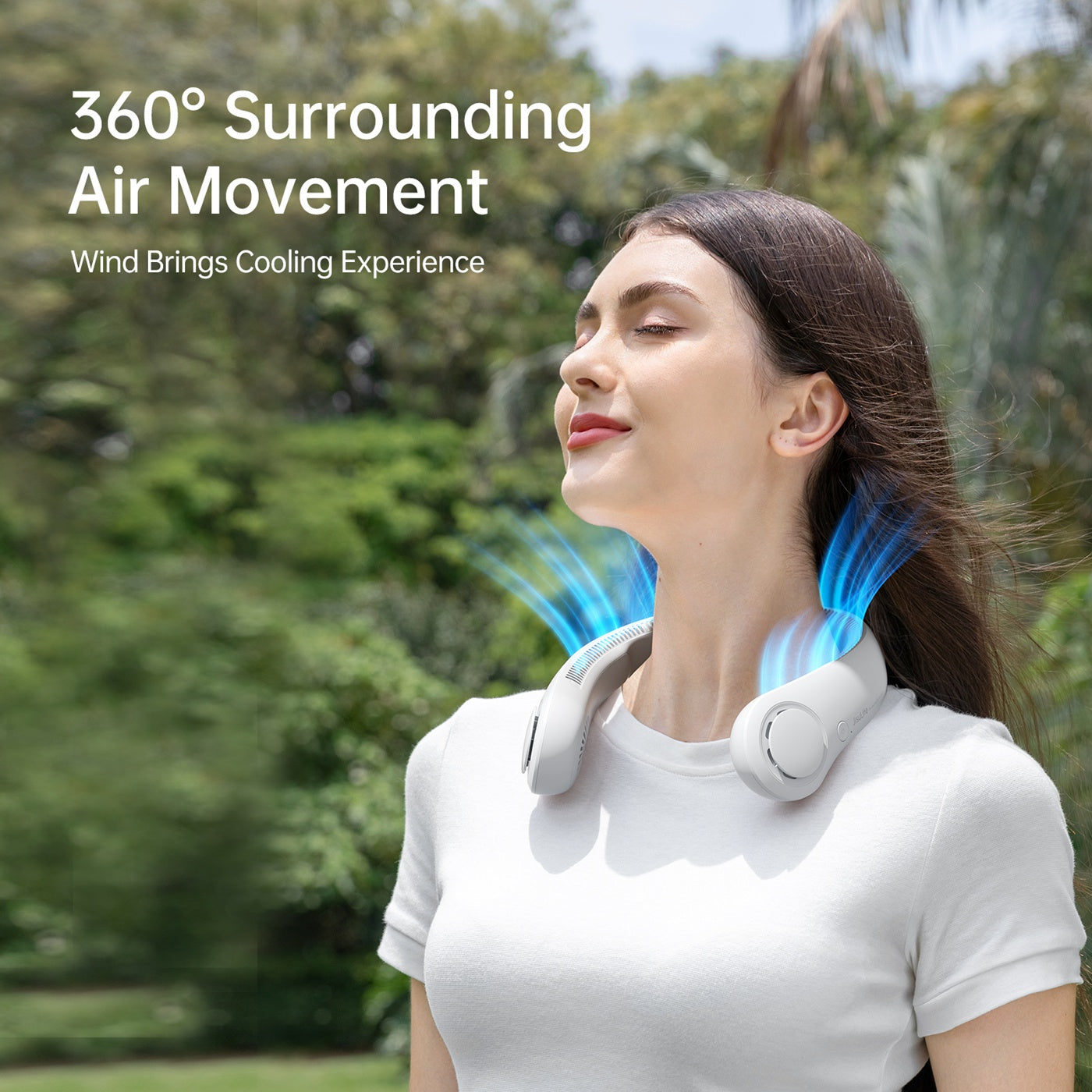 A Woman is Wearing Jisulife Neck Fan Life 3.