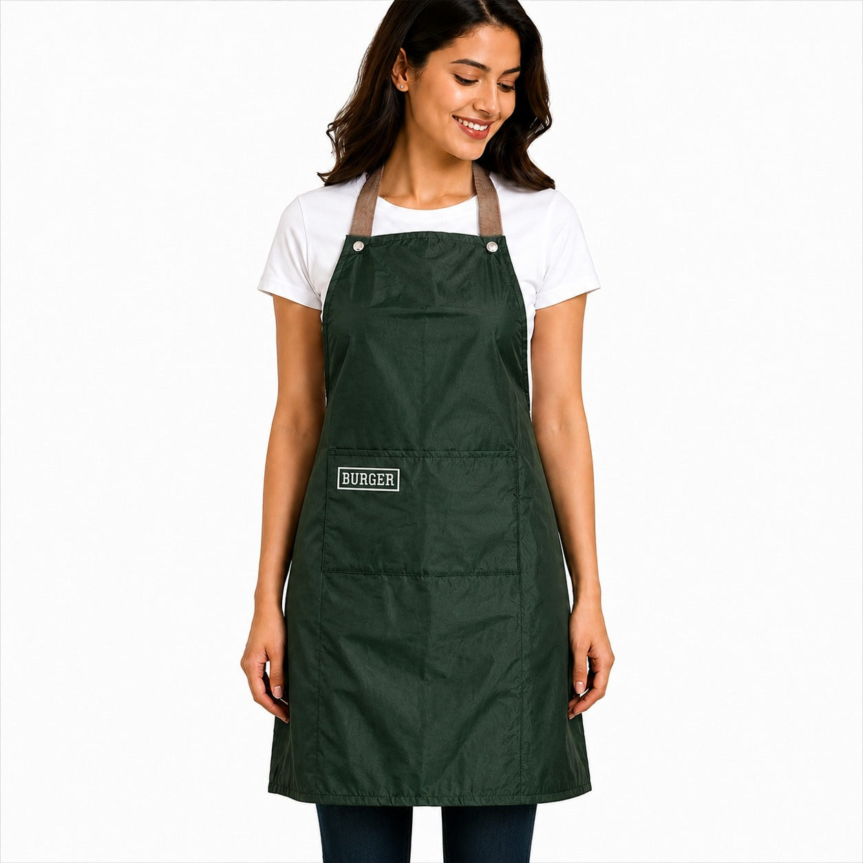 Woman wearing a green apron with 'Burger' logo on a white background
