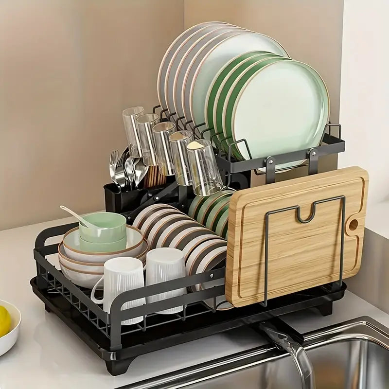 Kitchen Dish Drying Organizer Rack Organized with Utensils.
