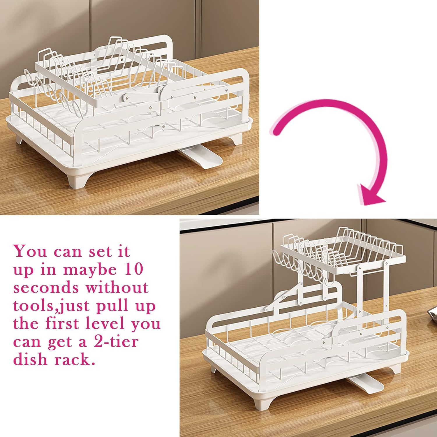 Expanded and Unexpanded Version Of Kitchen Dish Drying Organizer Rack