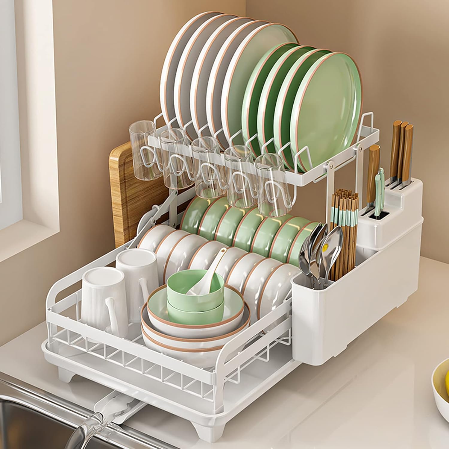 Kitchen Dish Drying Organizer Rack Organized with Kitchen Utensils.