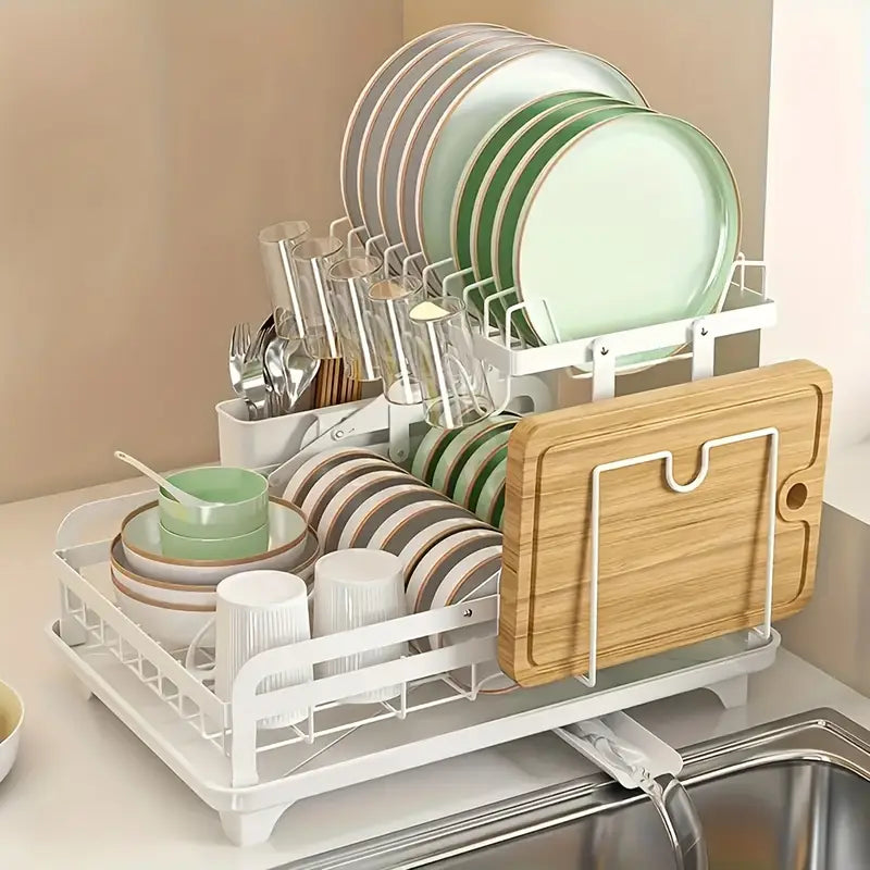 Kitchen Dish Drying Organizer Rack Organized with Utensils.