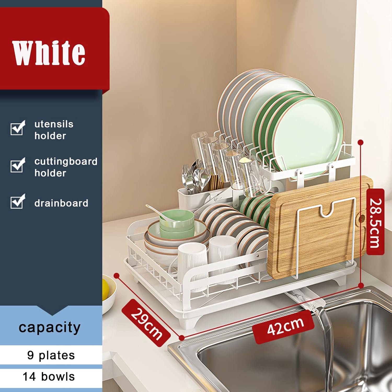 Size Of Kitchen Dish Drying Organizer Rack Organized with Utensils.
