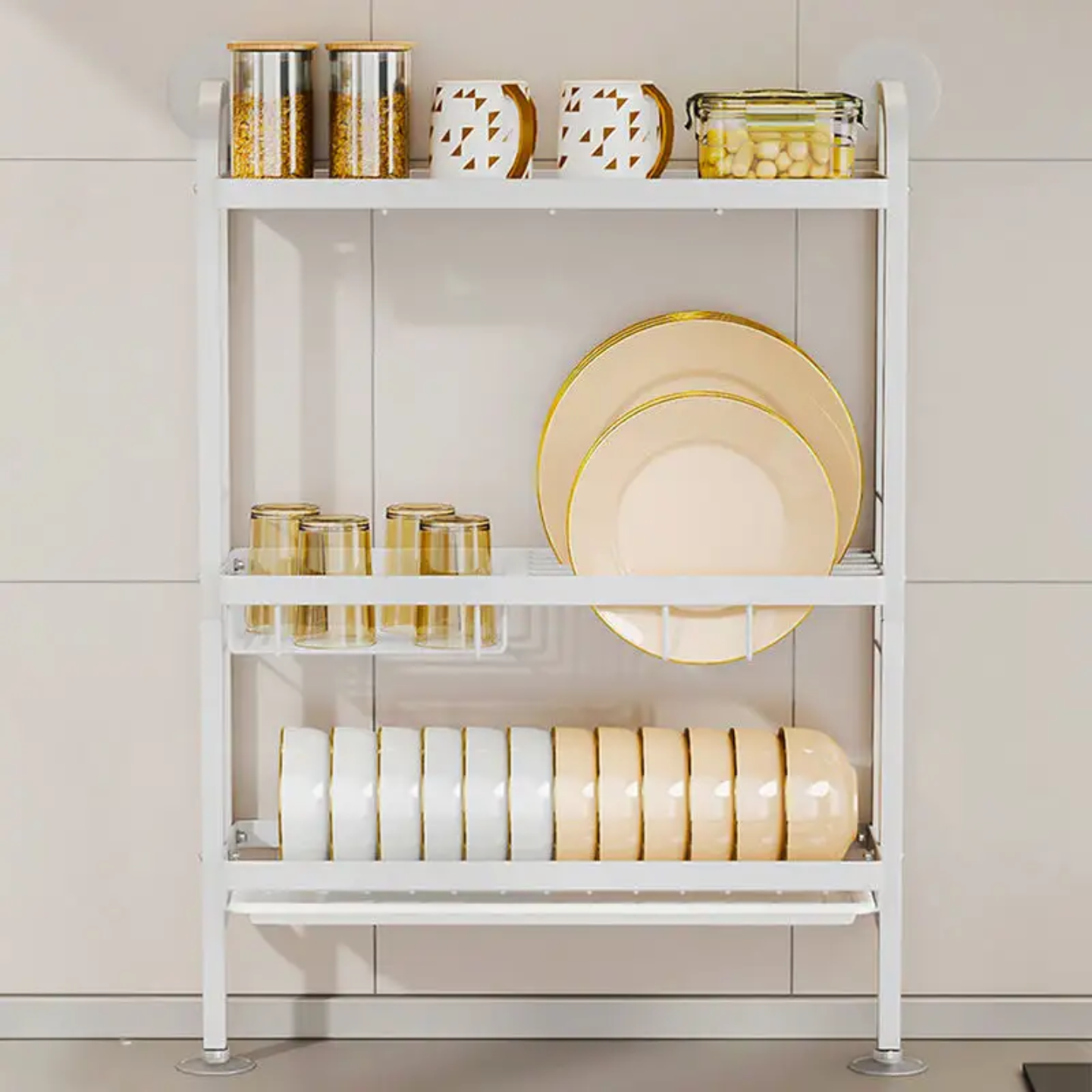 Different Utensils are Arranged in a Kitchen Dish Storage Rack.