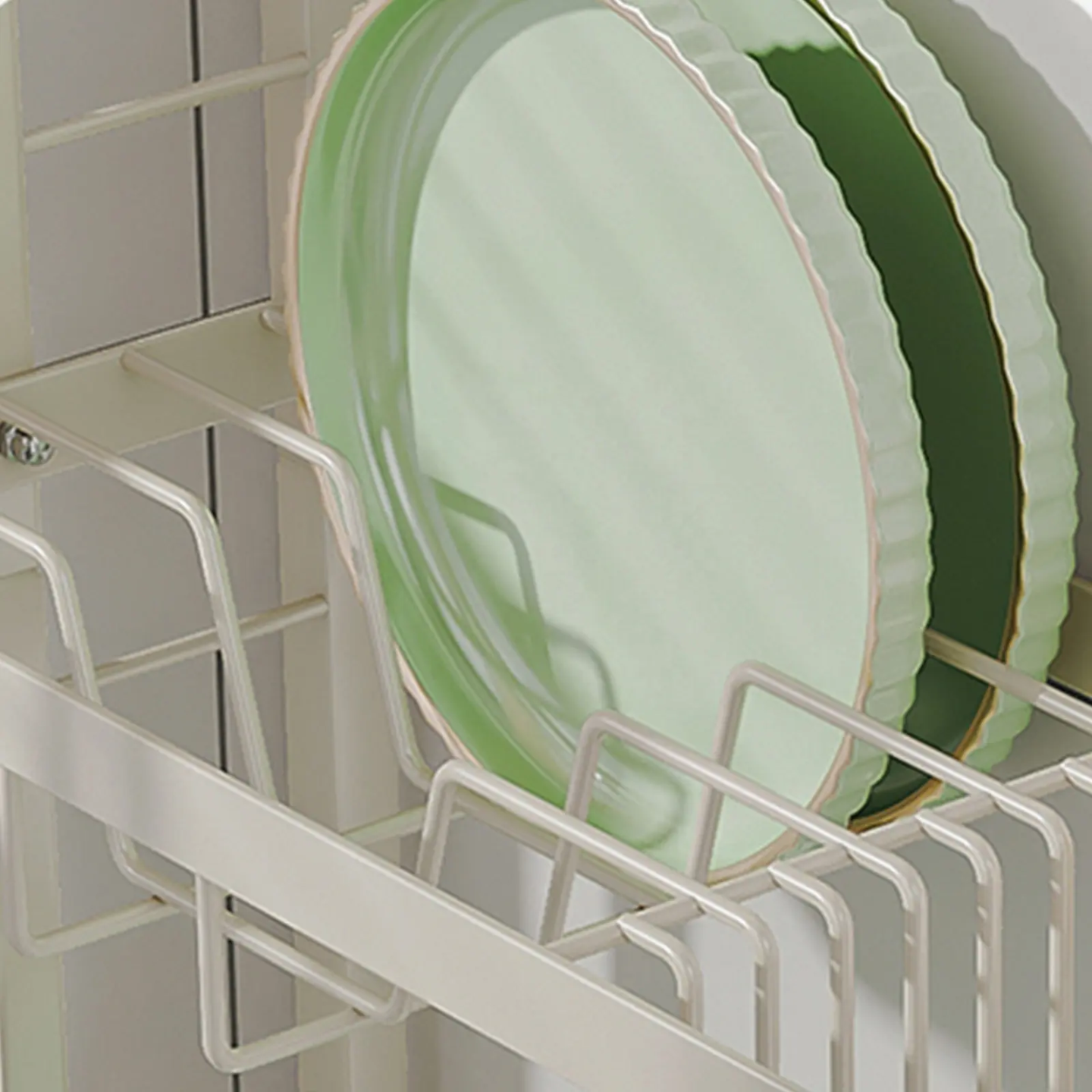 Plates are Arranged in a Kitchen Dish Storage Rack.
