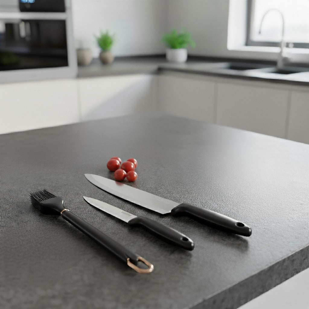 A Kitchen Knife Set is Placed on a Kitchen Slab.
