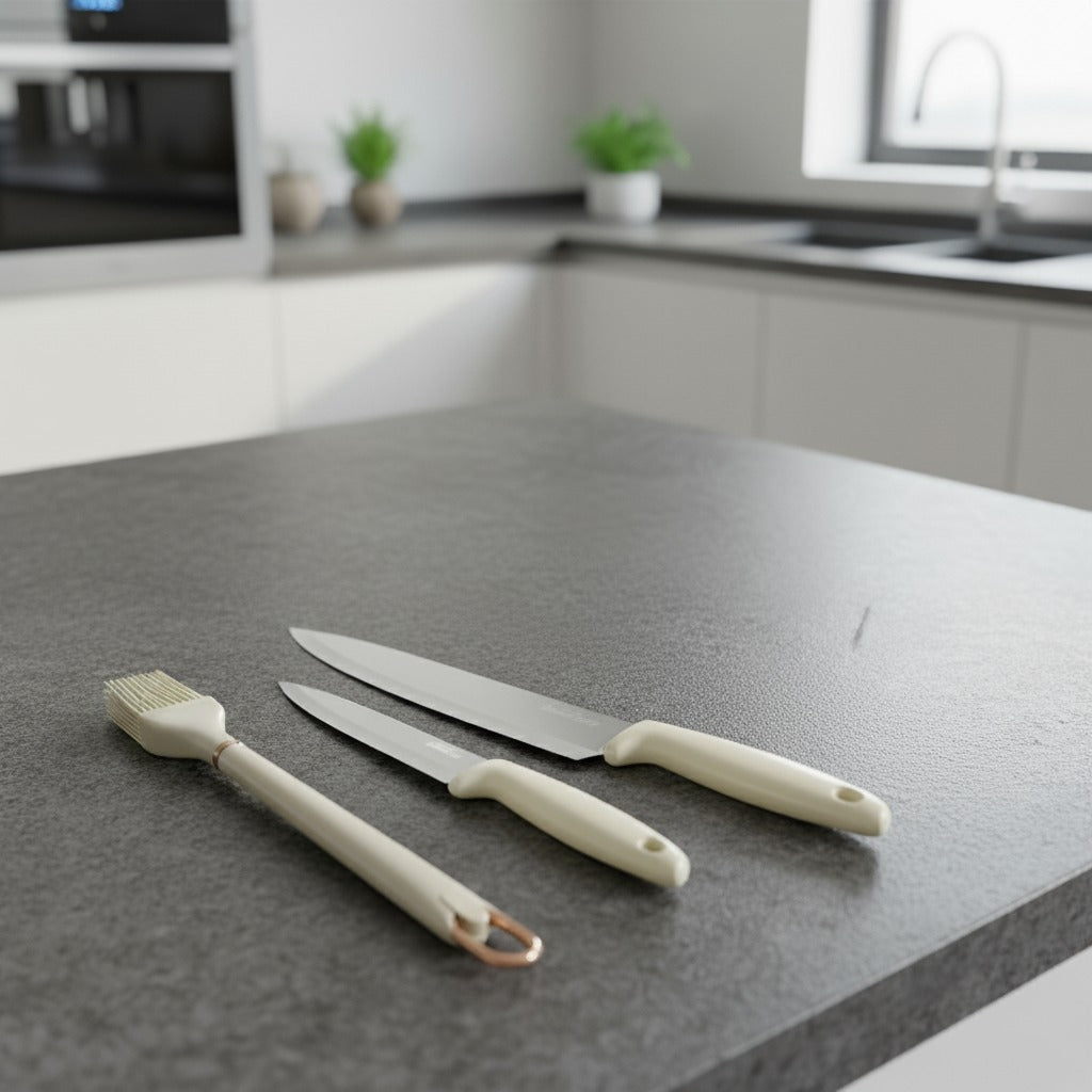A Kitchen Knife Set is Placed on a Kitchen Slab.