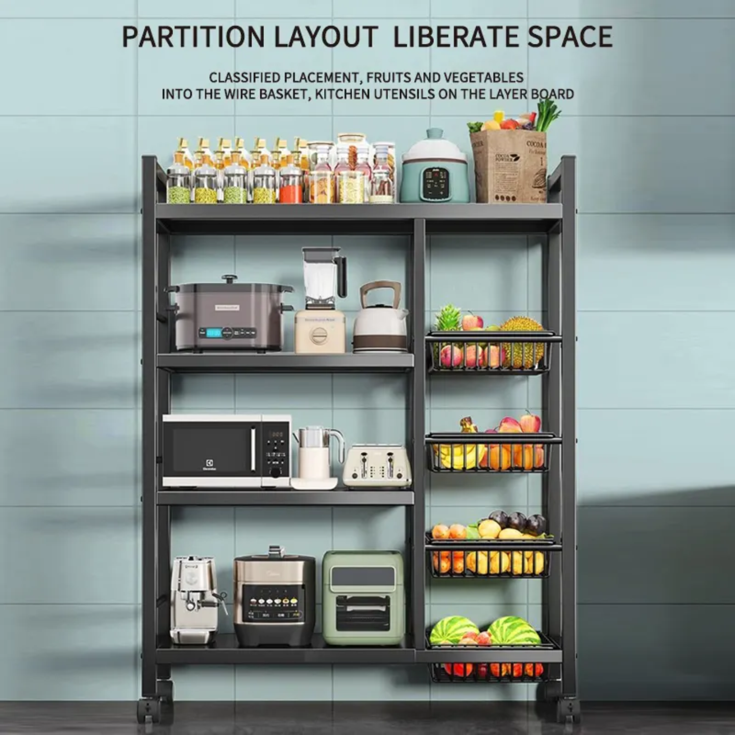 Multi-Tier Kitchen Storage Rack Organized with Kitchen Essentials.