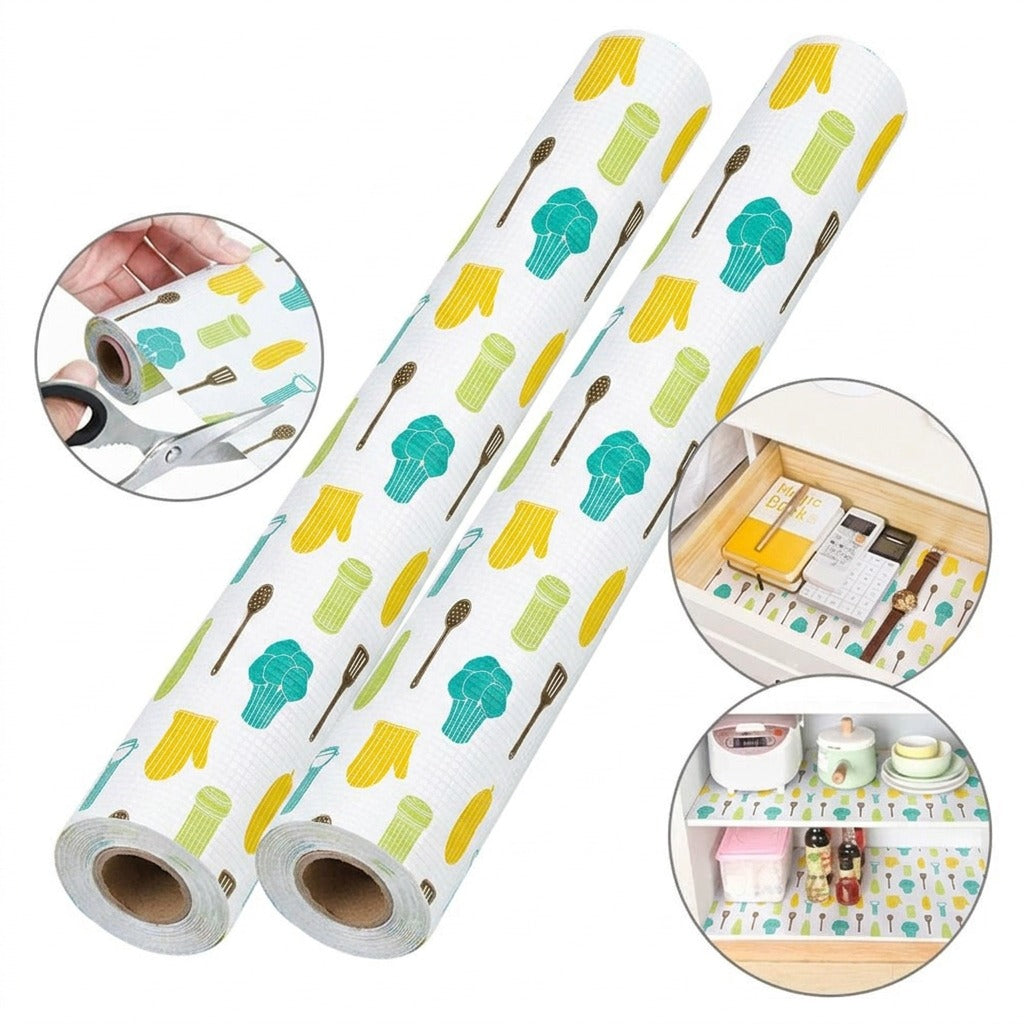 Two rolls of colorful kitchen-themed Kitchen Shelf Liner Mat with close-up insets showing application and usage.