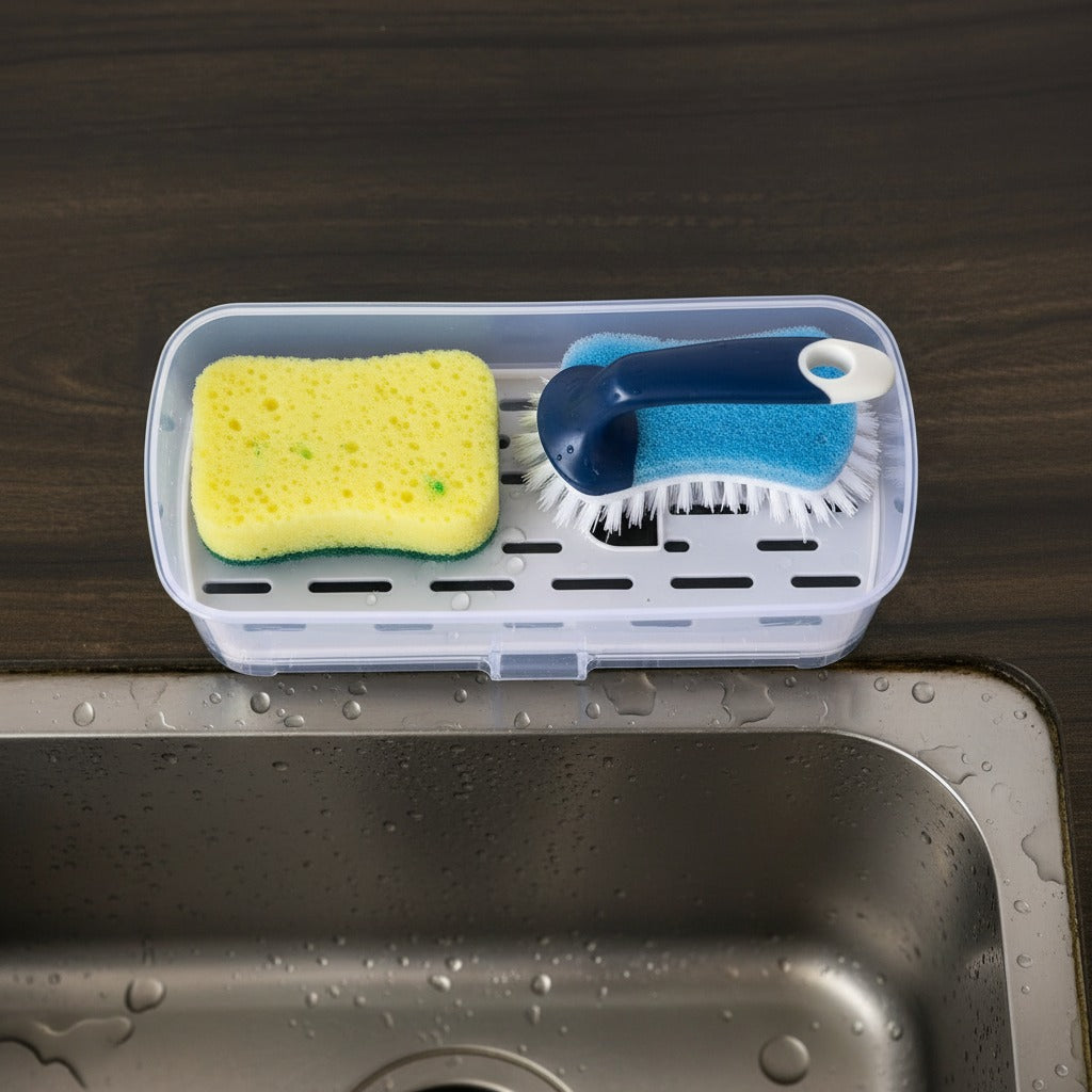 Kitchen Sink Drain Rack Caddy Organizer is Placed Next to Kitchen Sink Organized with Cleaning Tools.