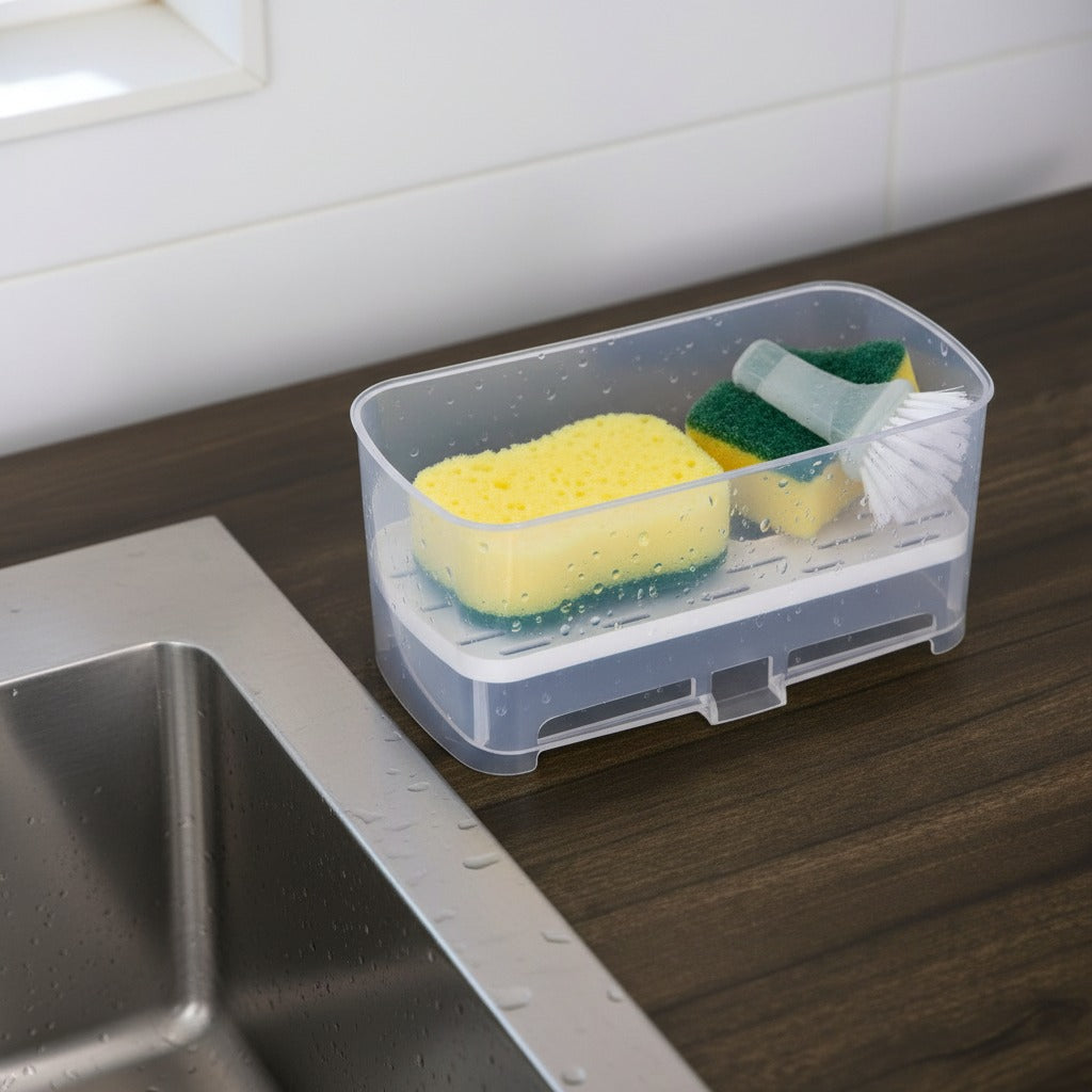Kitchen Sink Drain Rack Caddy Organizer is Placed Next to Kitchen Sink Organized with Cleaning Tools.