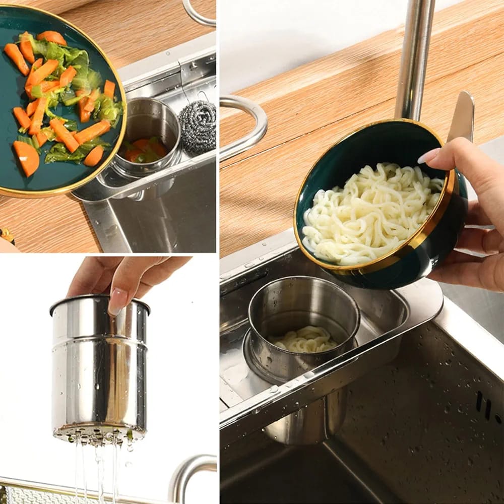 A Person is Draining Food Using Filter Bucket Of Kitchen Sink Organizer Storage Drain Rack.
