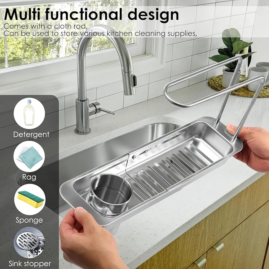A Person is Holding Kitchen Sink Organizer Storage Drain Rack.