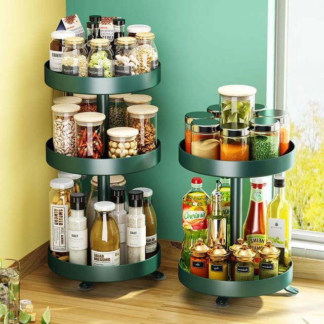 Kitchen Spice Storage Rack Organizer With Spice Items.