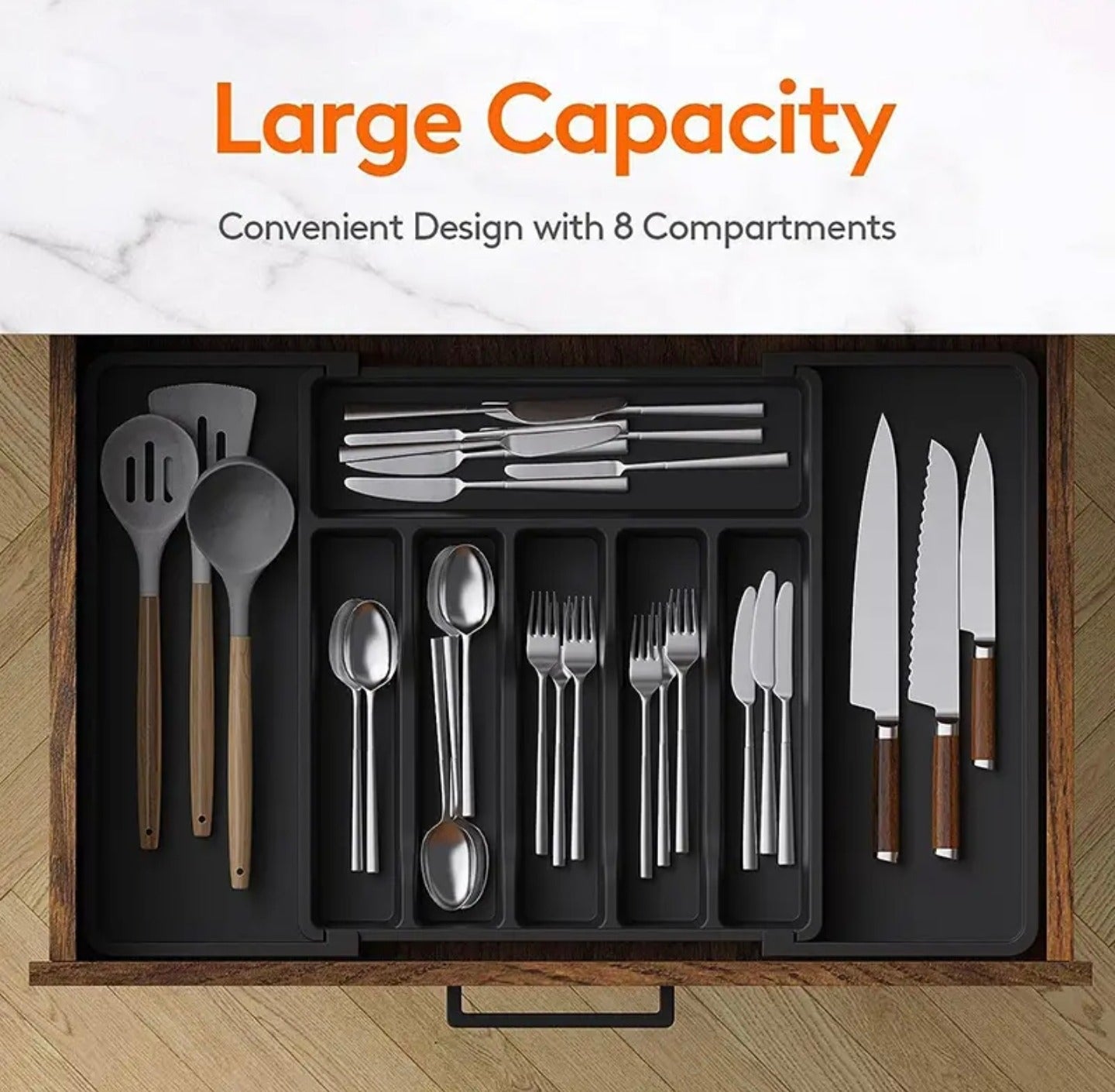 Kitchen Tableware Storage Box inside a drawer showing neatly organized knives, spoons, forks, and cooking utensils in multiple compartments.