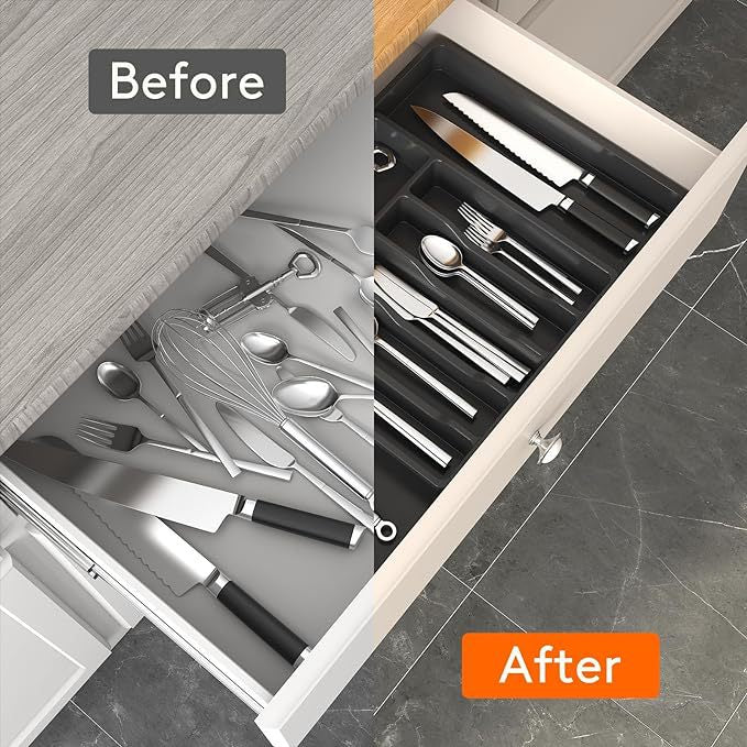 Before and after drawer comparison showing disorganized utensils versus neatly arranged cutlery using a Kitchen Tableware Storage Box organizer.