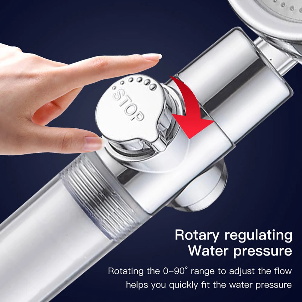 Someone pressing the switch of a 7 Color Handheld LED Shower Head Turbo Propeller Water Saving High-Pressure Shower Head