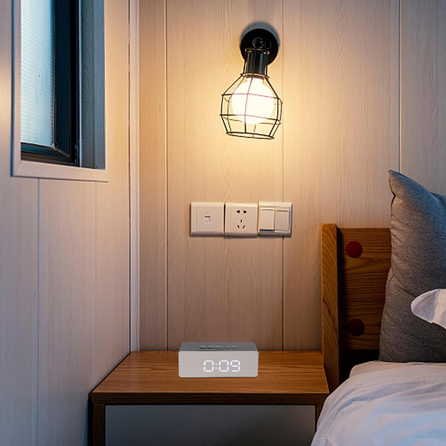A LED Digital Alarm Clock with Mirror Display is Placed on Bedside.