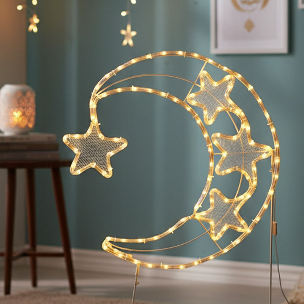 LED Moon & Star Floor Standing Light are Placed in a Living Area with a Ramadan Ambience.