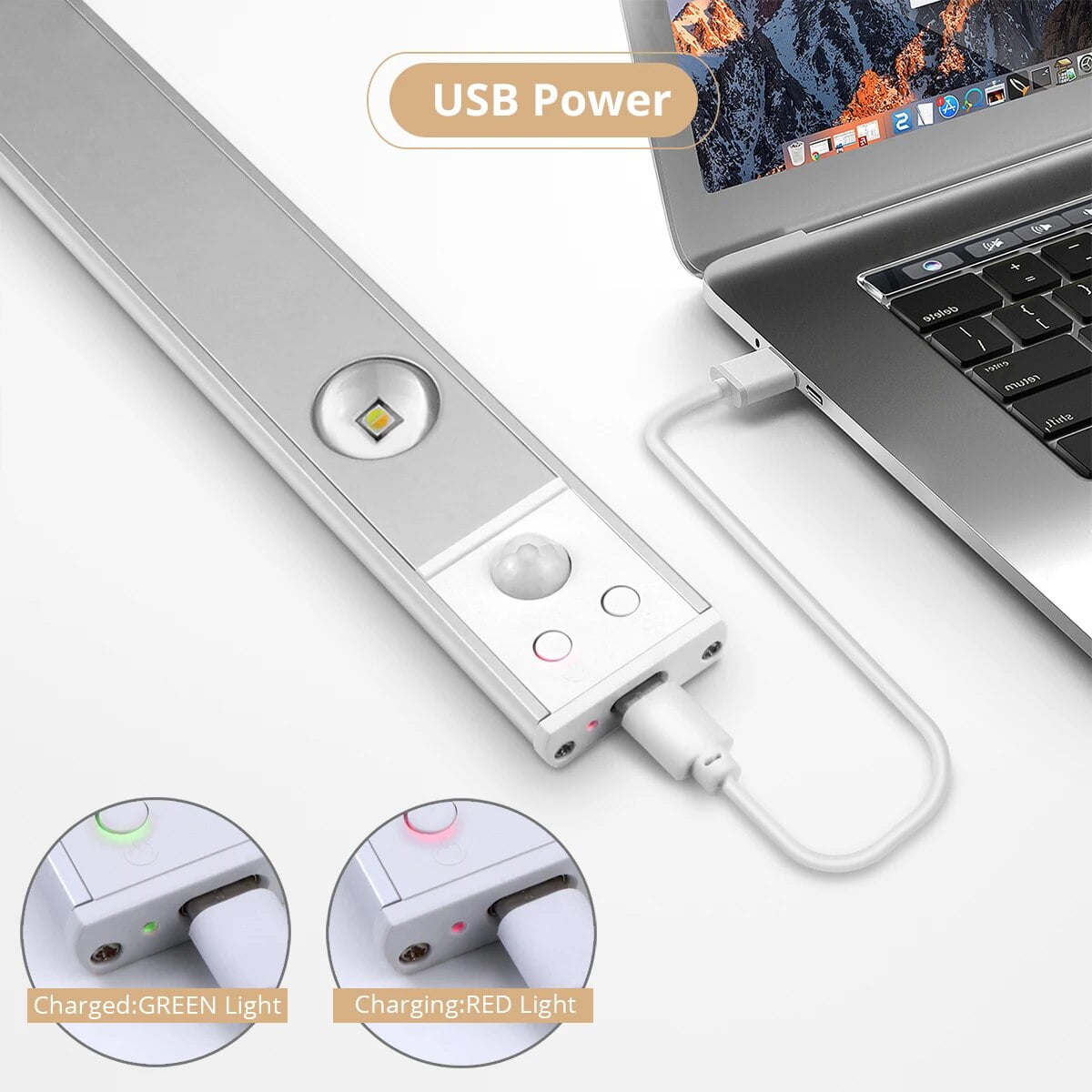 A LED Smart Cabinet Light is Charging by Connected to Laptop Via USB Cable.