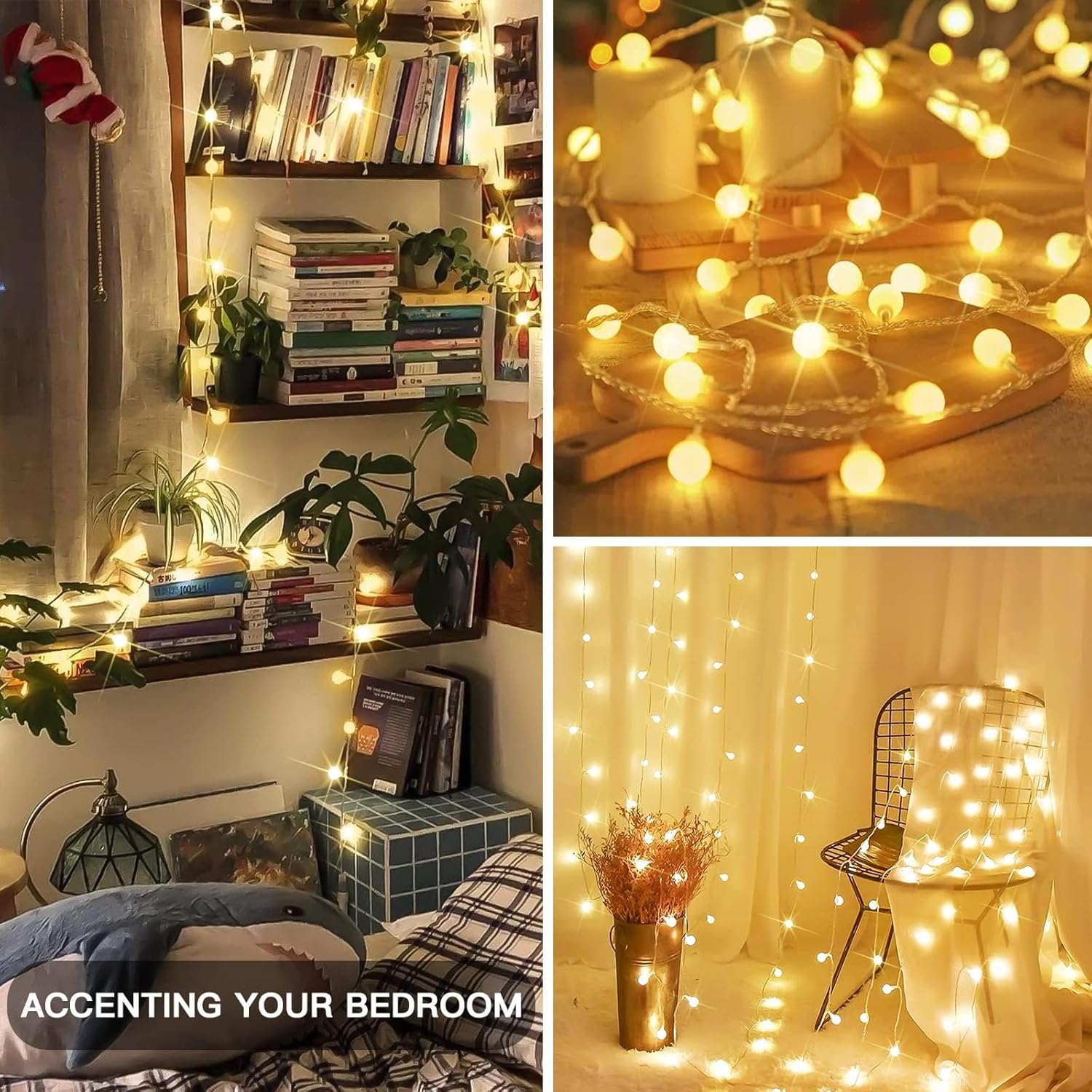 String lights used to accentuate a bedroom, bookshelf, and other decorative settings.