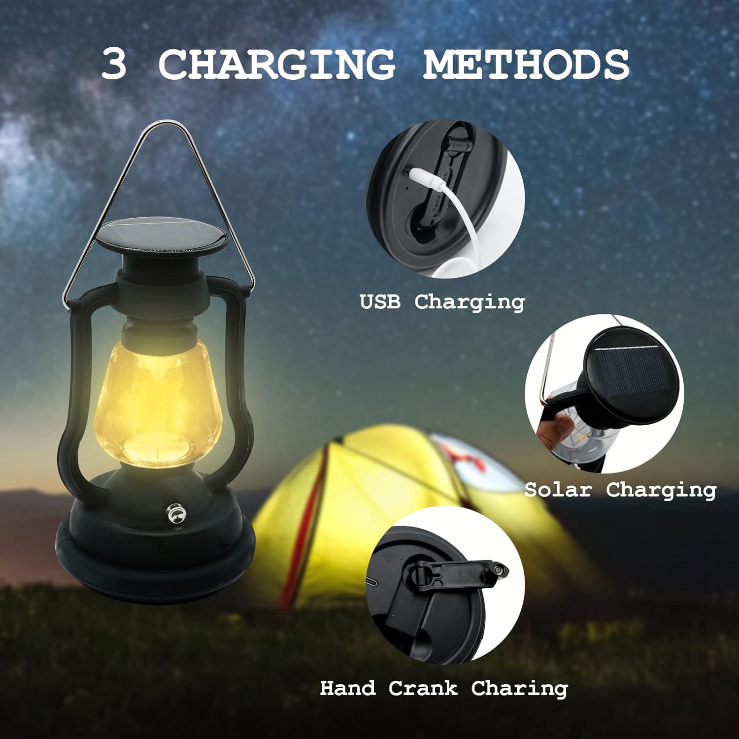 Charging methods of Solar Lantern Camping Lights,USB Rechargeable, Portable Hand Crank